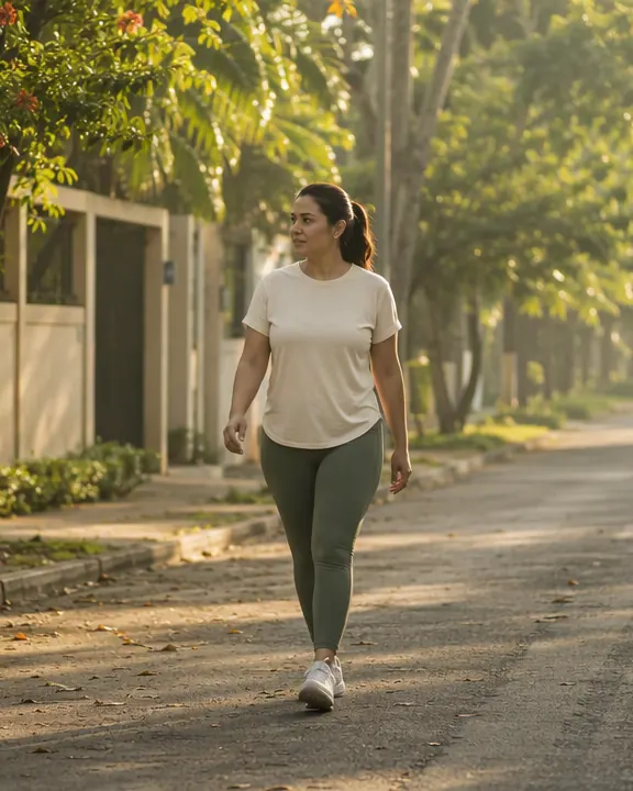 Mulher caminhando numa rua arborizada pela manhã
