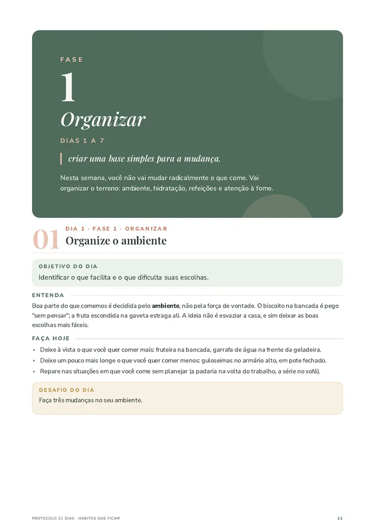 Página do PDF: início da Fase 1 e o Dia 1, Organize o ambiente
